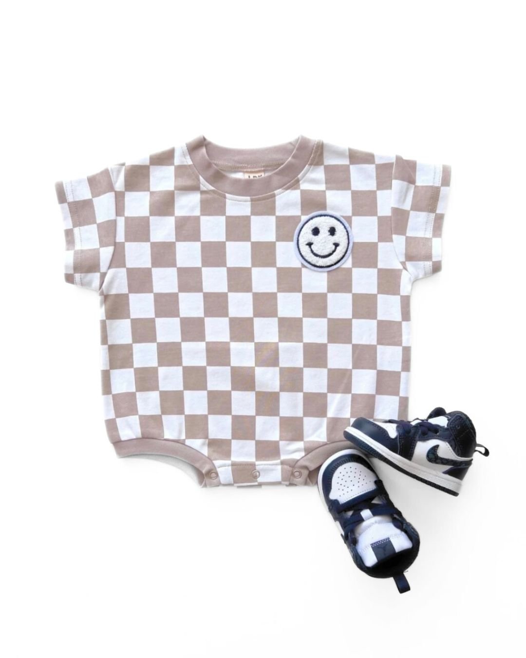 LPK Short Sleeve Bubble Romper - Checkered Smiley Latte - Atara & Co