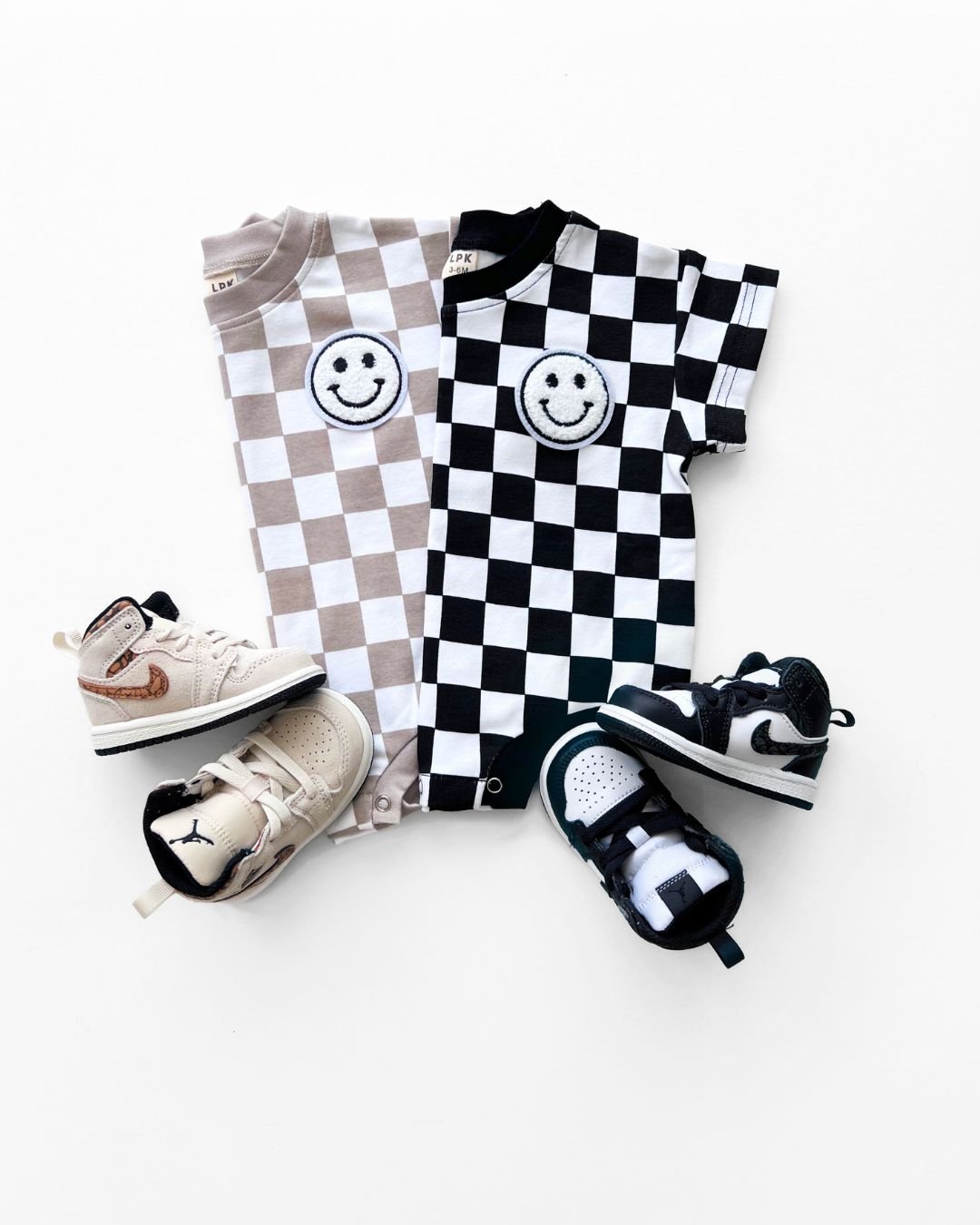 LPK Short Sleeve Bubble Romper - Checkered Smiley Latte - Atara & Co