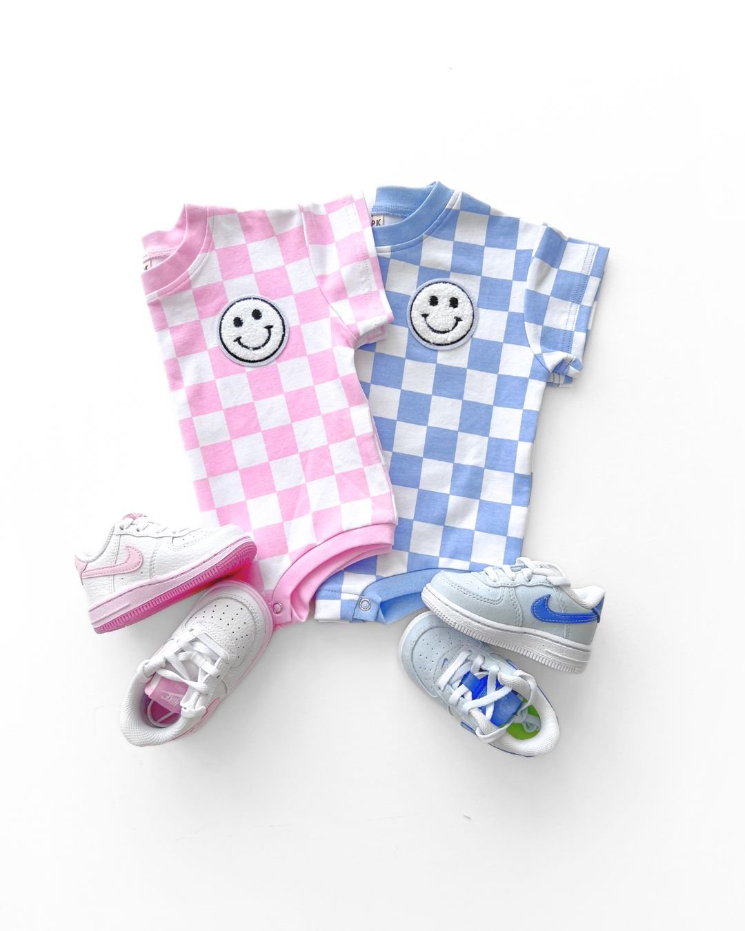 LPK Short Sleeve Bubble Romper - Checkered Smiley Pink - Atara & Co