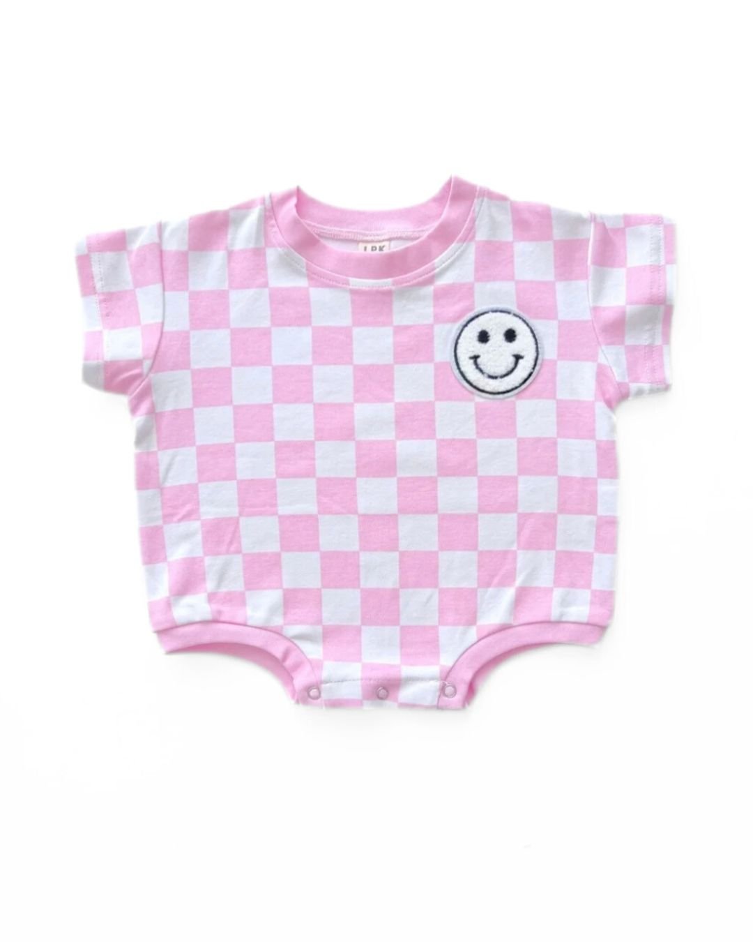 LPK Short Sleeve Bubble Romper - Checkered Smiley Pink - Atara & Co