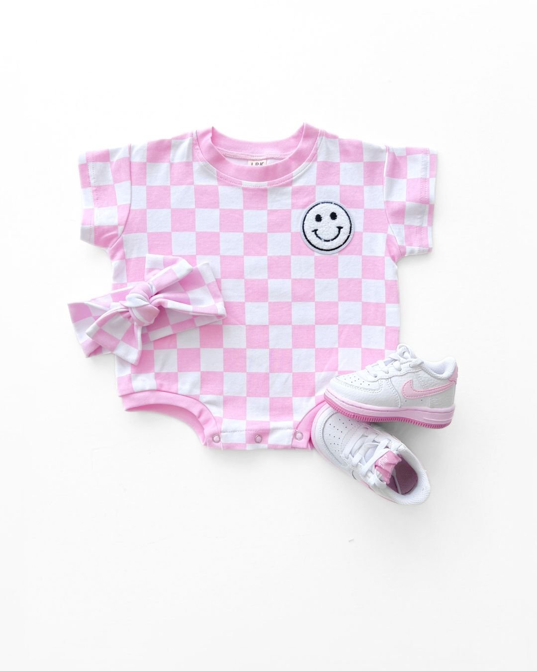 LPK Short Sleeve Bubble Romper - Checkered Smiley Pink - Atara & Co