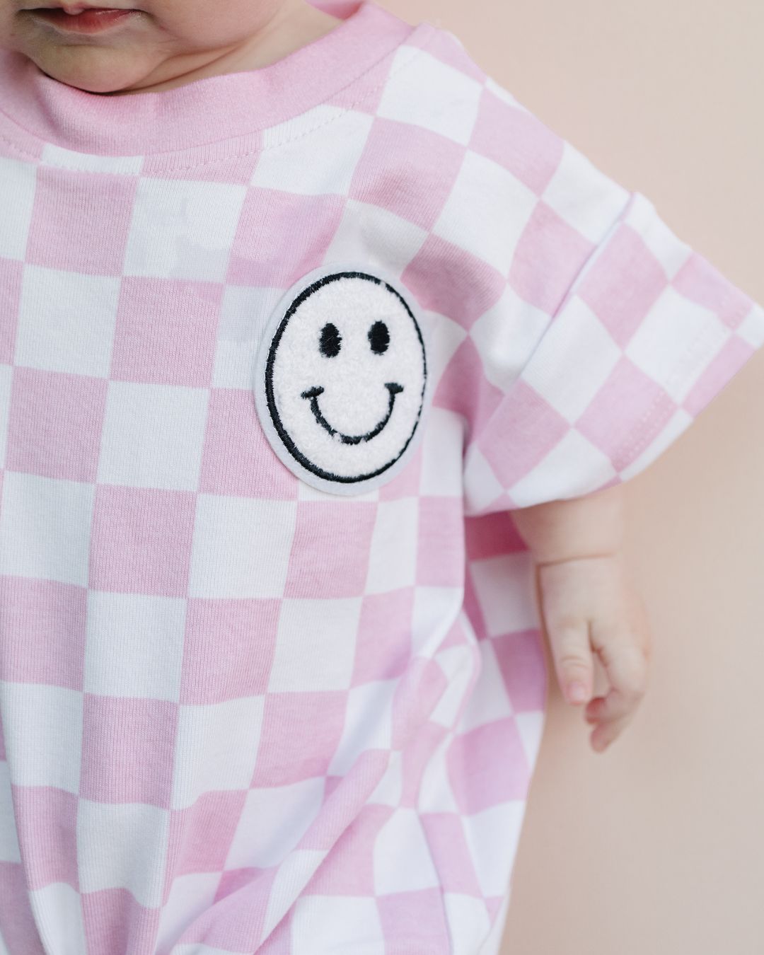 LPK Short Sleeve Bubble Romper - Checkered Smiley Pink - Atara & Co